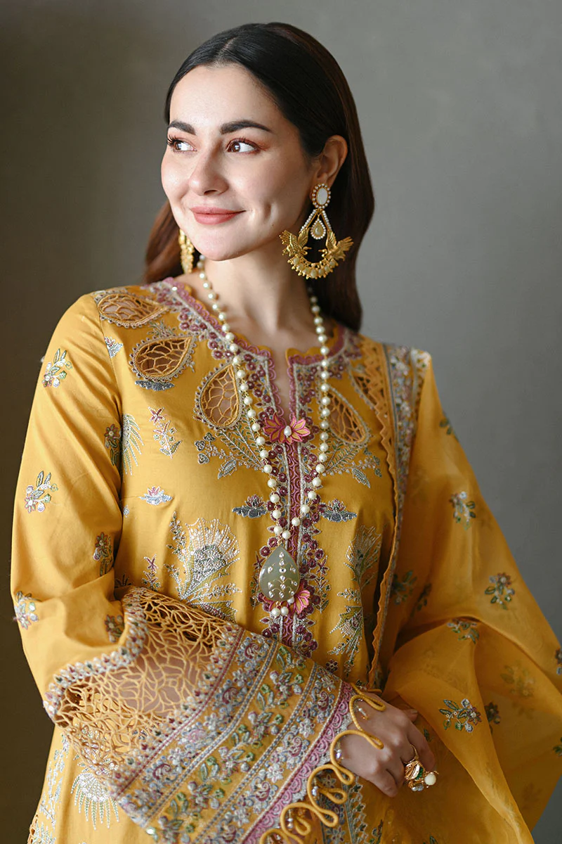 Qalamkar Yellow Luxury Lawn Collection Replica - Image 4