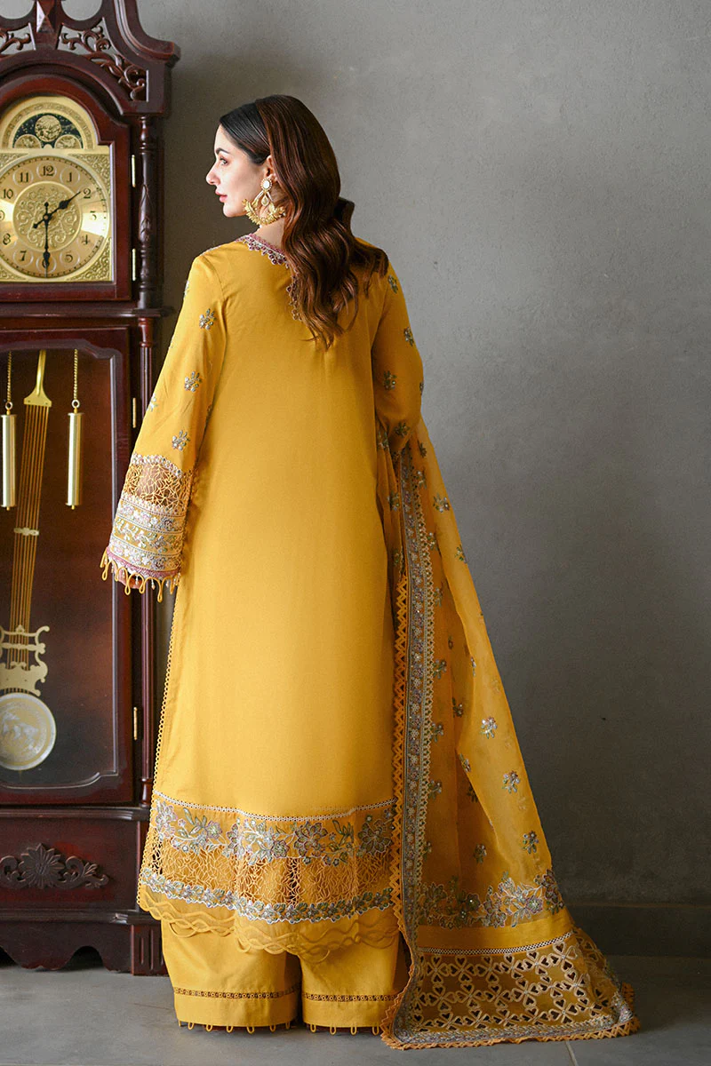 Qalamkar Yellow Luxury Lawn Collection Replica - Image 5