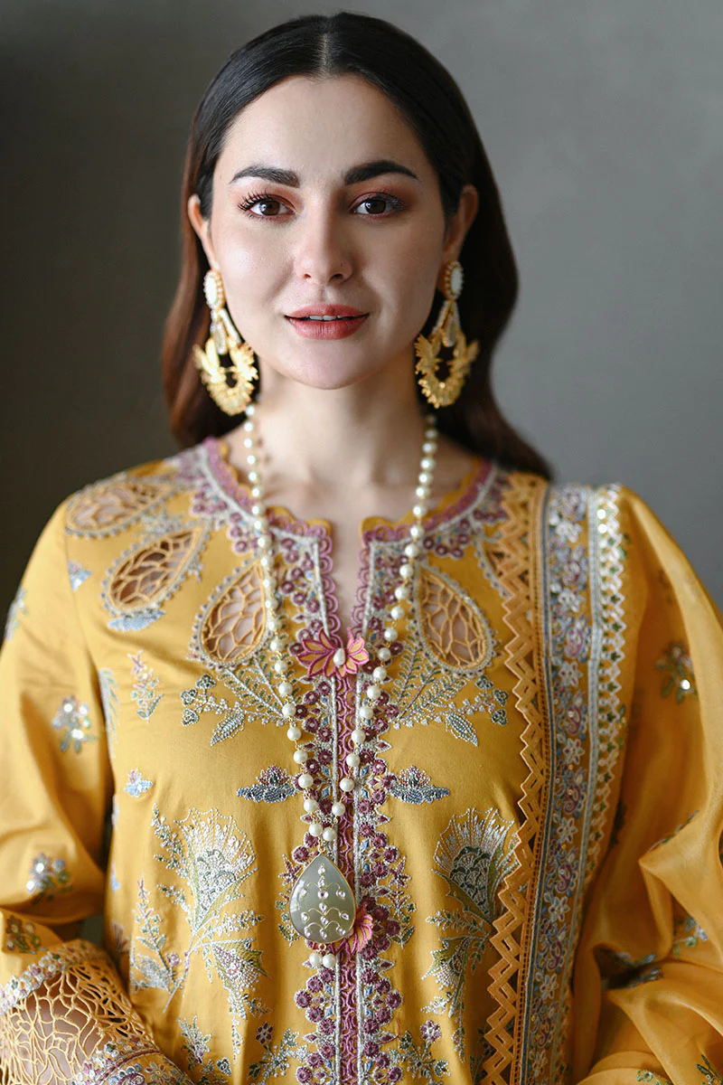 Qalamkar Yellow Luxury Lawn Collection Replica - Image 3