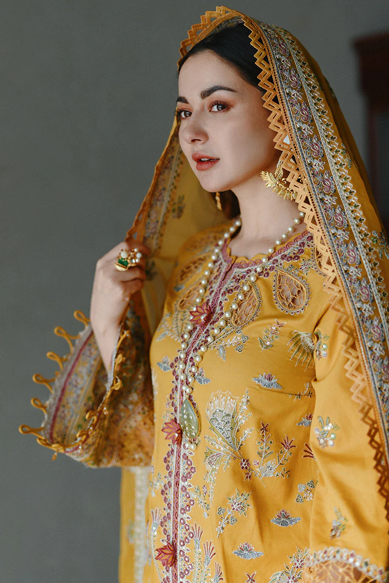 Qalamkar Yellow Luxury Lawn Collection Replica - Image 2