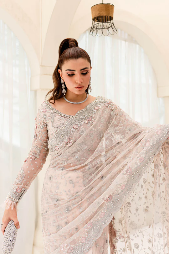 Maria B Peach Exclusive Saree Collection Net Replica - Image 3