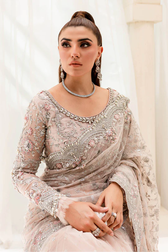 Maria B Peach Exclusive Saree Collection Net Replica - Image 2