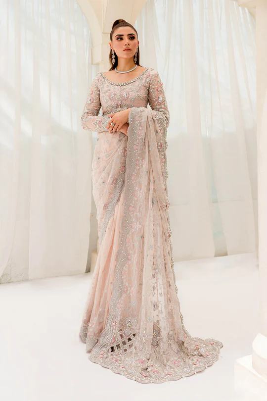 Maria B Peach Exclusive Saree Collection Net Replica - Image 5
