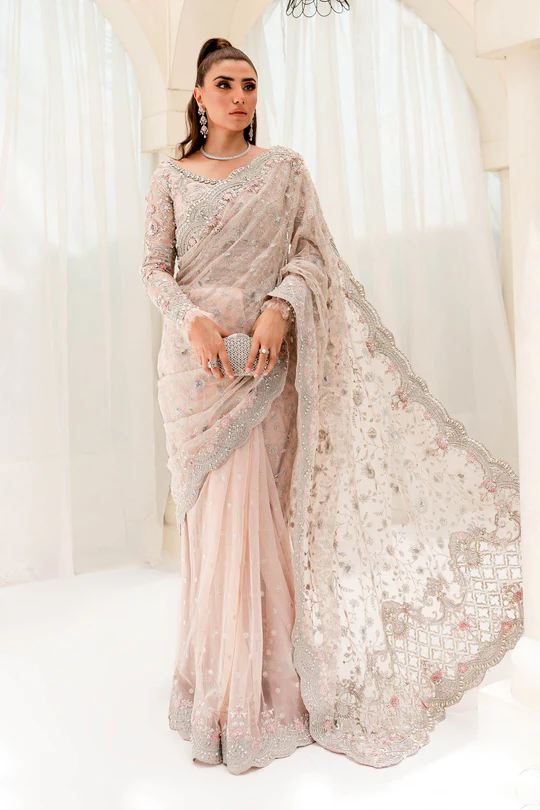 Maria B Peach Exclusive Saree Collection Net Replica