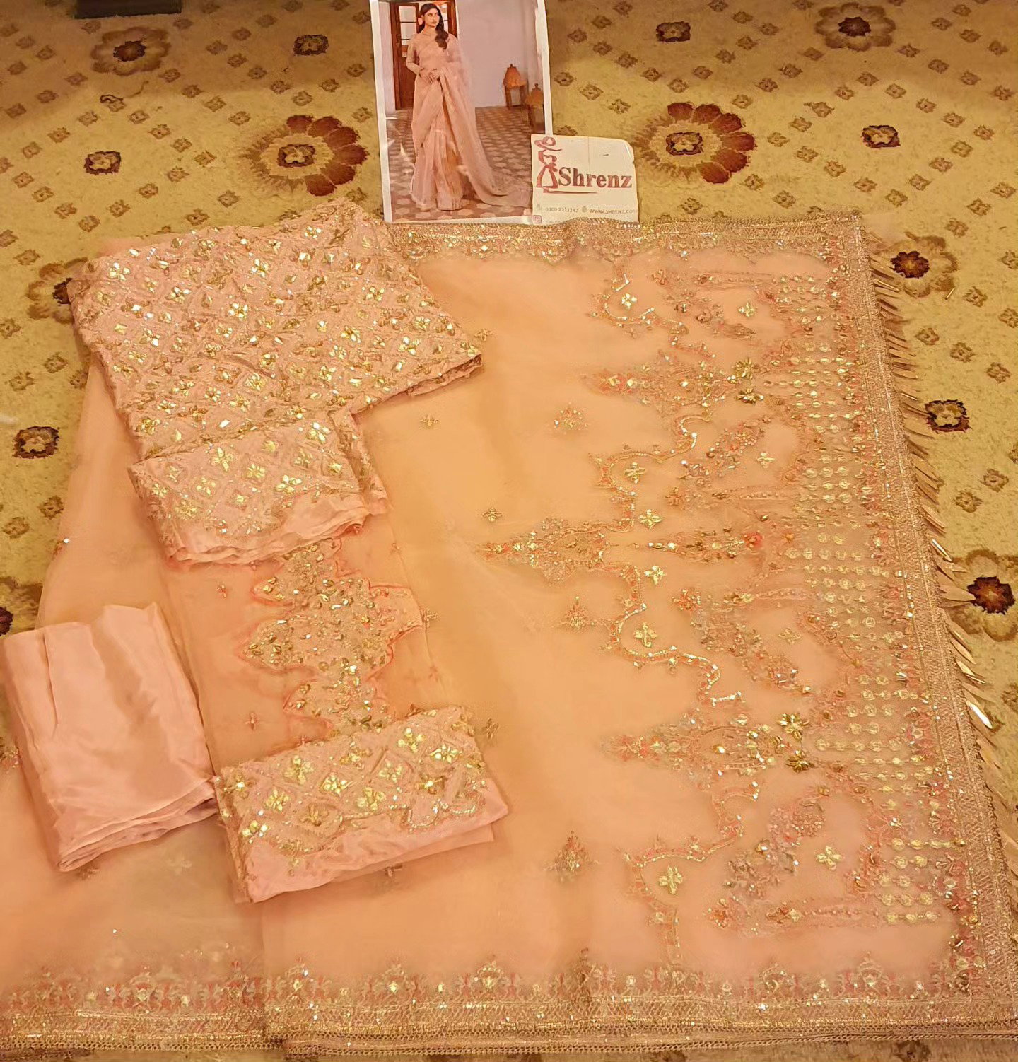 Qalamkar Peach Exclusive Organza Saree Replica - Image 6