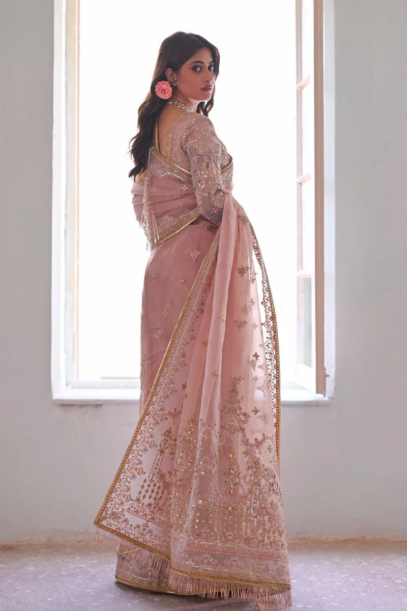 Qalamkar Peach Exclusive Organza Saree Replica - Image 3