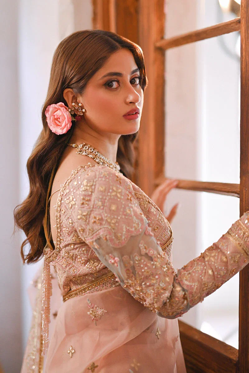 Qalamkar Peach Exclusive Organza Saree Replica - Image 4