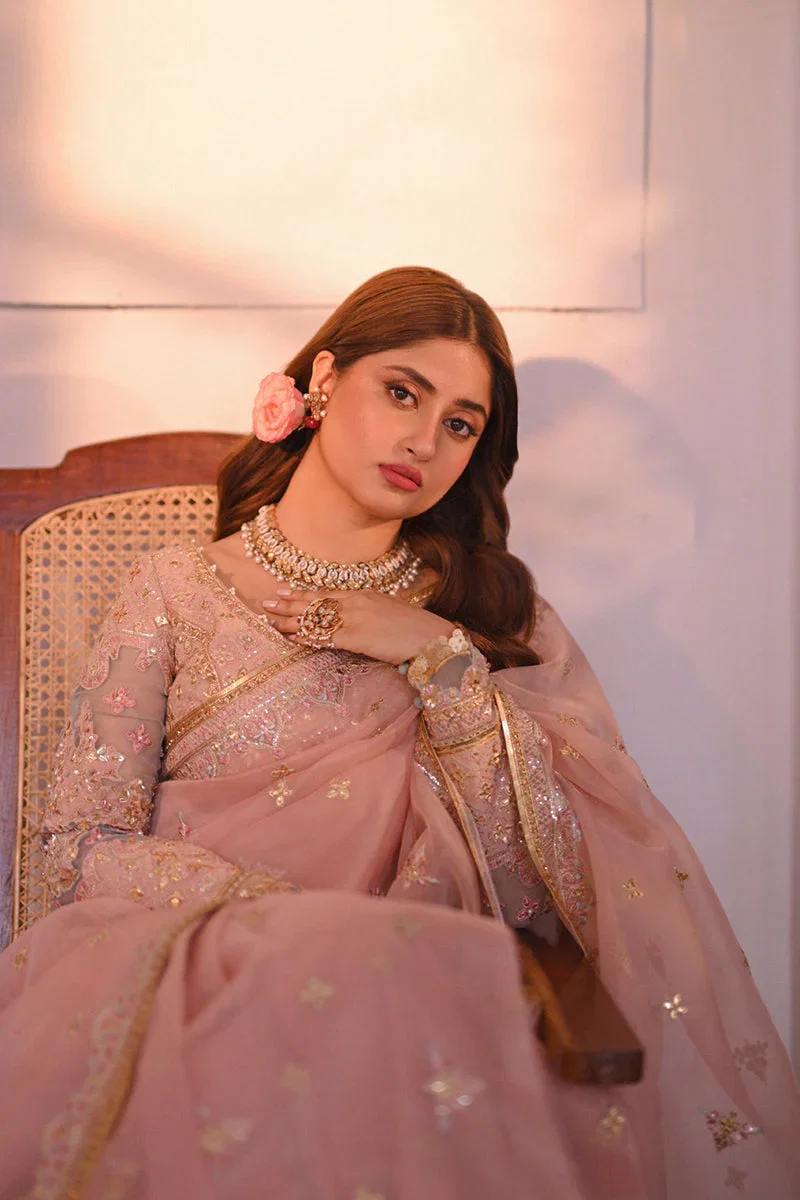 Qalamkar Peach Exclusive Organza Saree Replica - Image 5