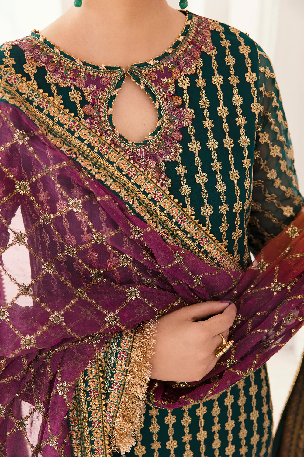 Baroque Bottle Green Bridal Collection Chiffon Gharara Replica - Image 5