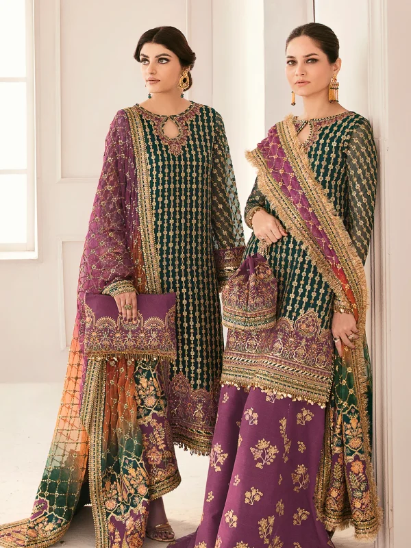 Baroque Bottle Green Bridal Collection Chiffon Gharara Replica