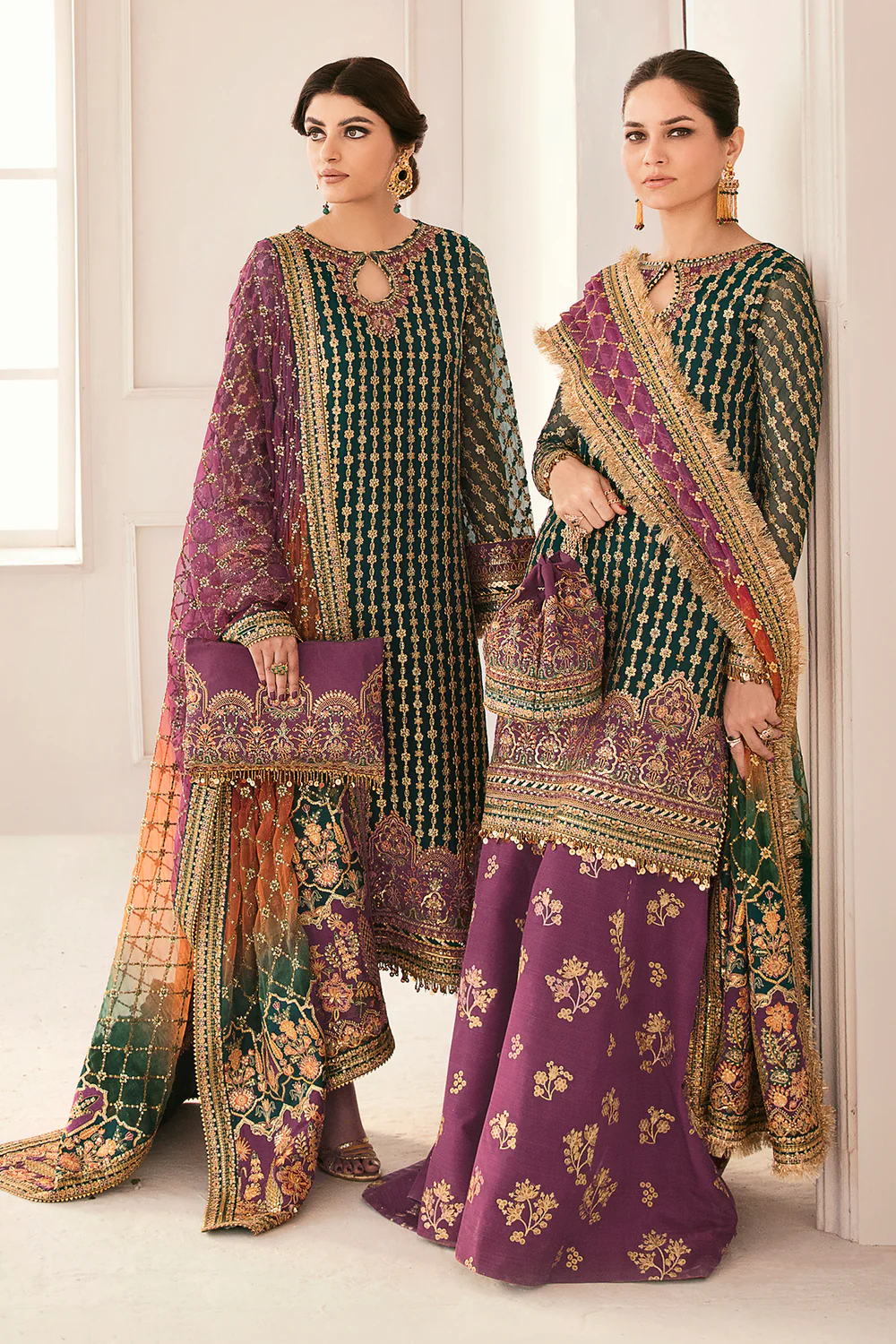 Baroque Bottle Green Bridal Collection Chiffon Gharara Replica