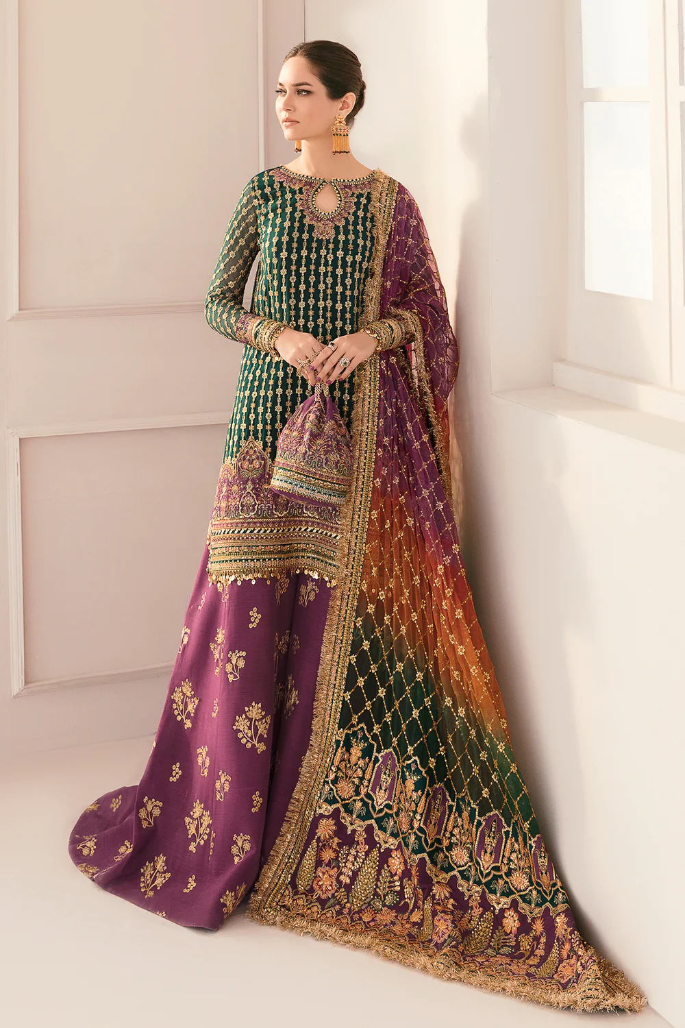 Baroque Bottle Green Bridal Collection Chiffon Gharara Replica - Image 3