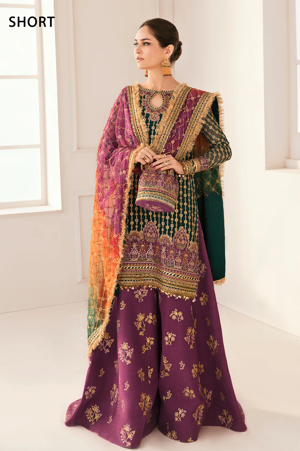 Baroque Bottle Green Bridal Collection Chiffon Gharara Replica - Image 2