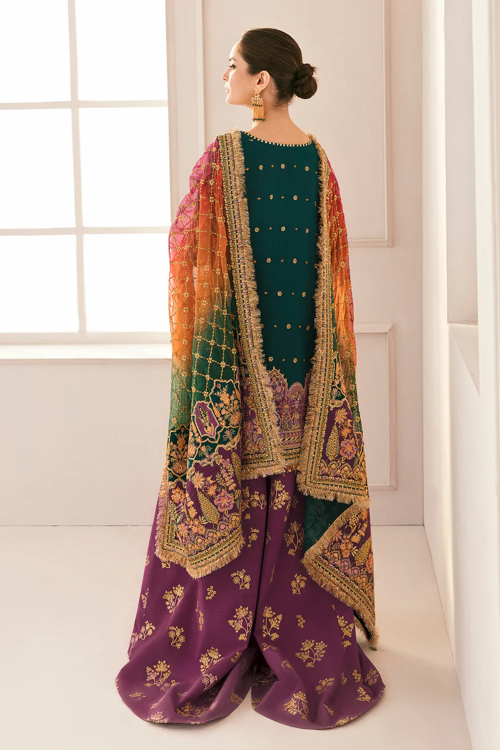 Baroque Bottle Green Bridal Collection Chiffon Gharara Replica - Image 4
