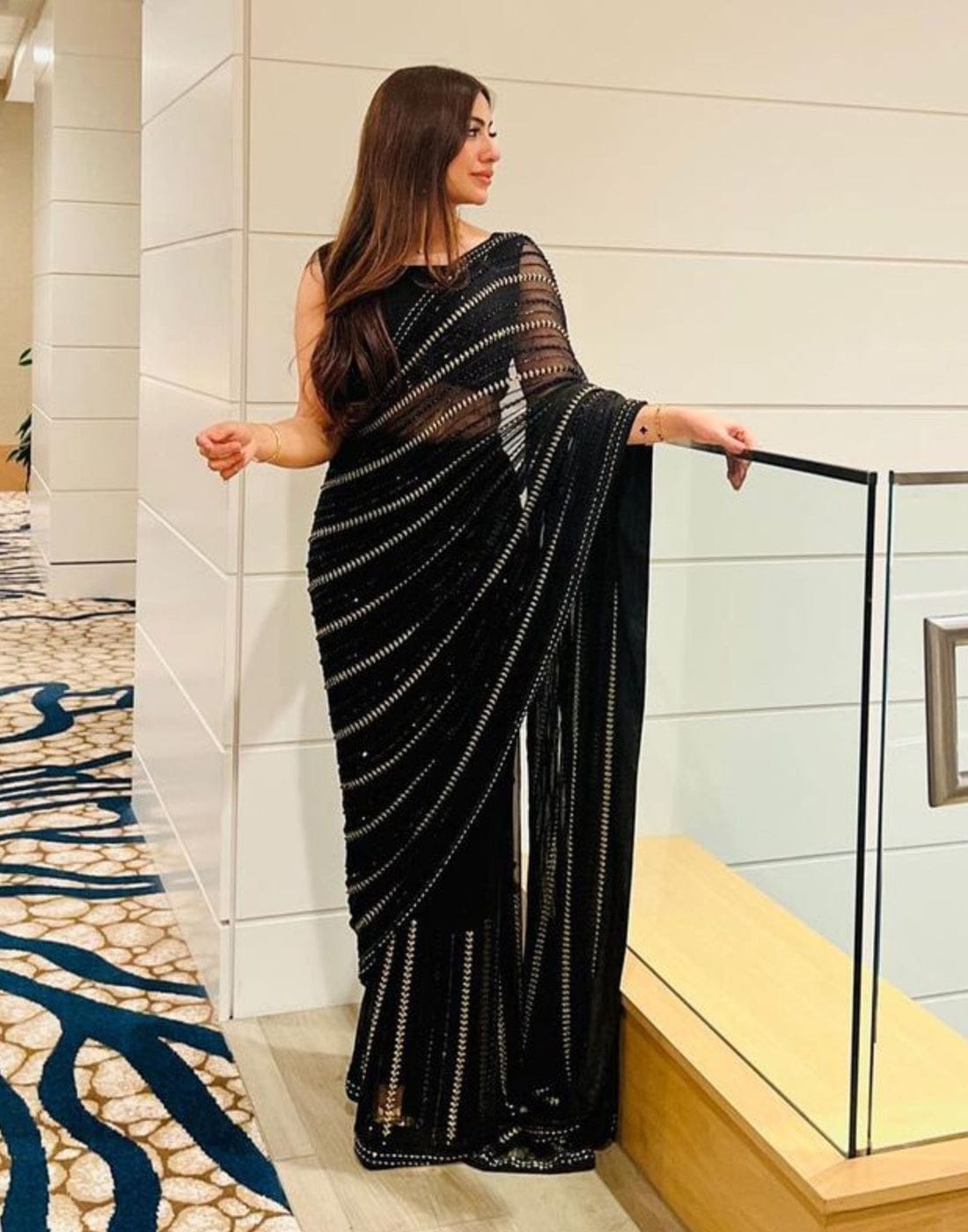 Maryam Nafees Black Chiffon Saree Replica - Image 4