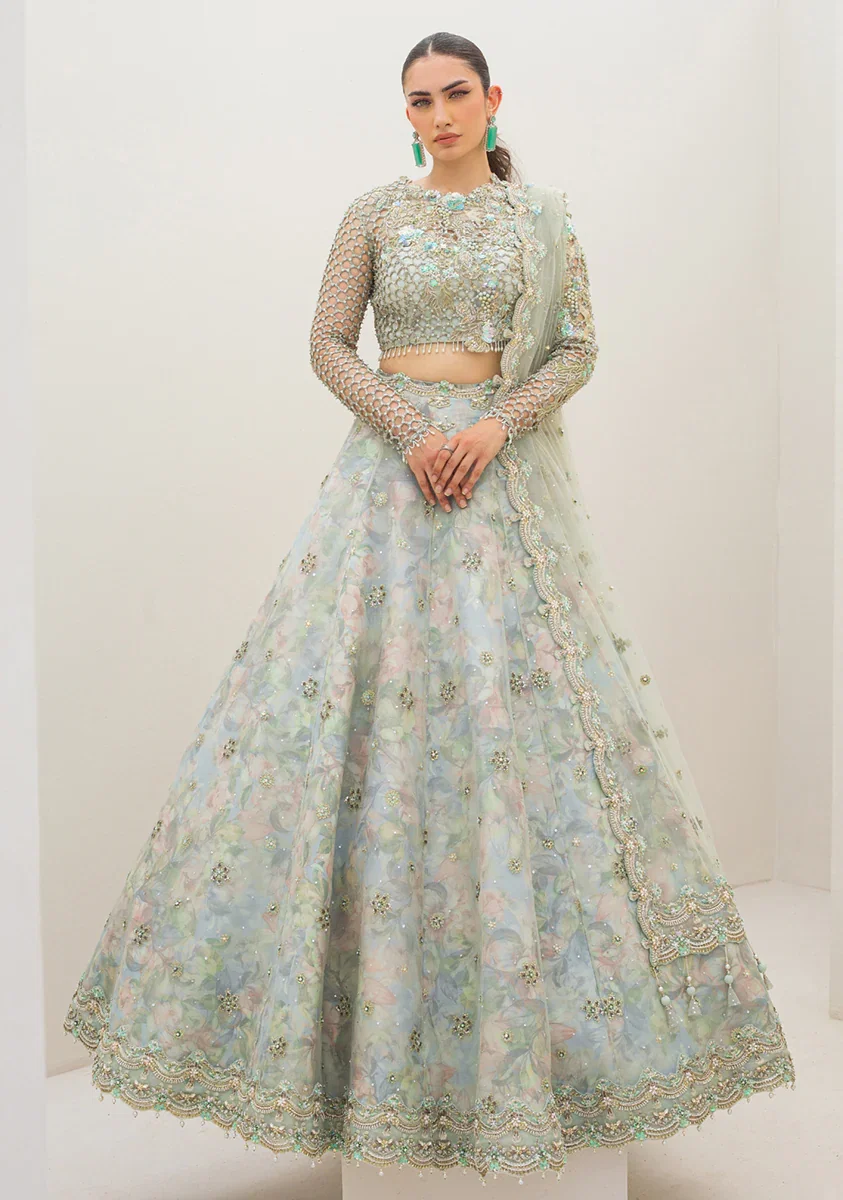 Qalamkar Seagreen Net Lehanga Bridal Collection Replica