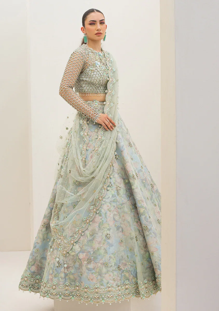 Alternative view of Qalamkar Seagreen Net Lehanga Bridal Collection Replica
