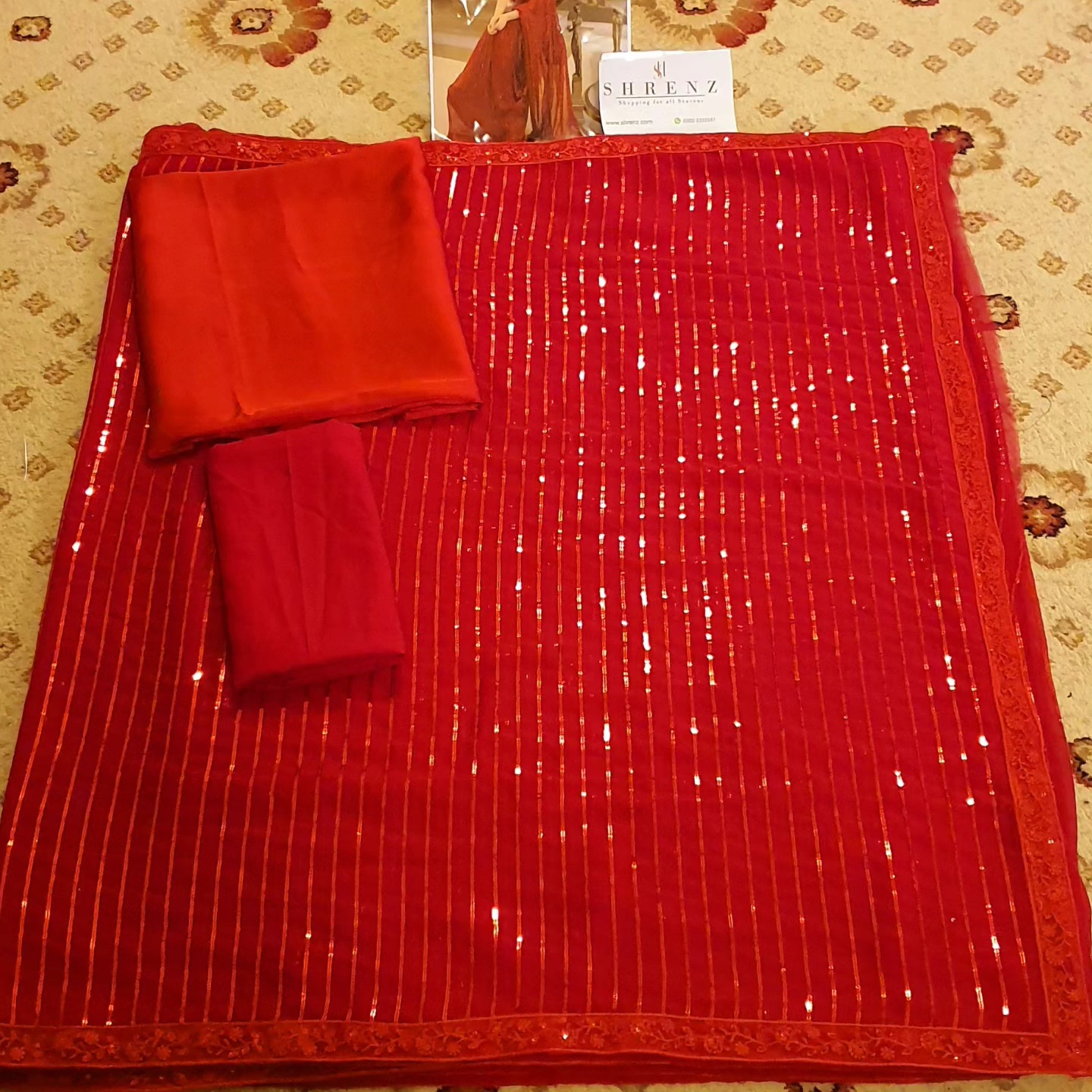Shrenz Red Saree Exclusive Collection Chiffon Replica - Image 5