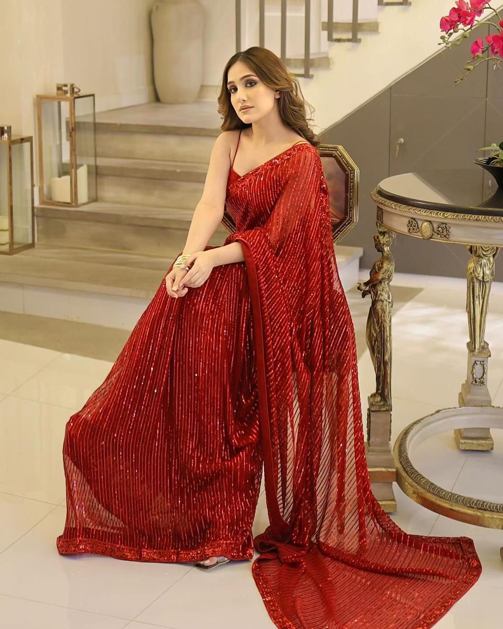 Shrenz Red Saree Exclusive Collection Chiffon Replica - Image 3