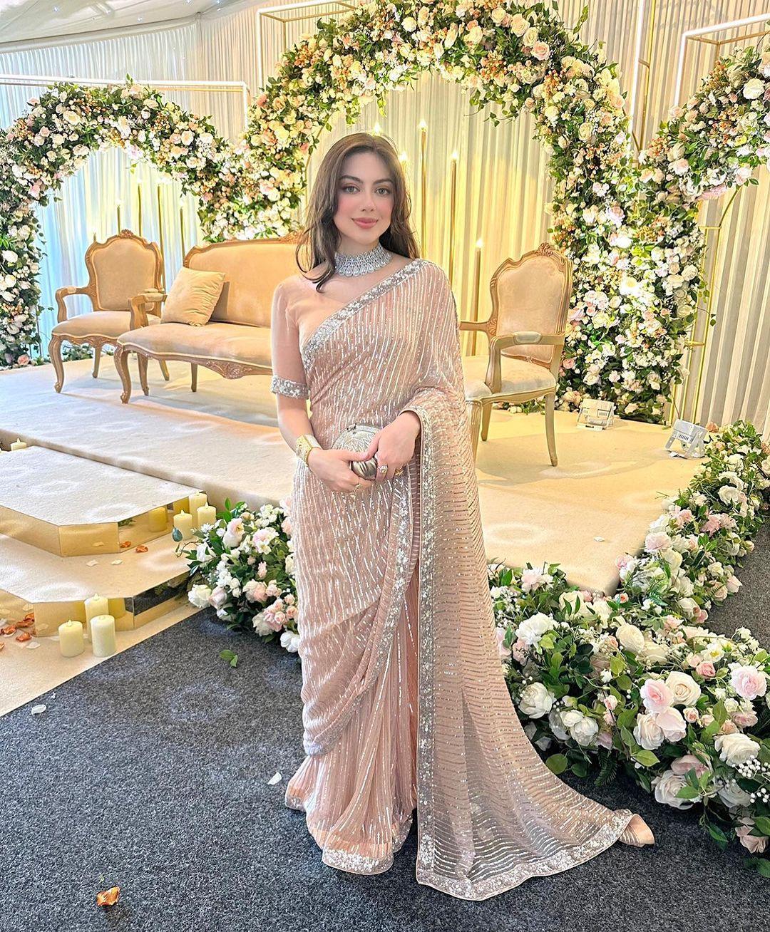 Alternative view of Shrenz Peach Exclusive Saree Collection Chiffon Replica