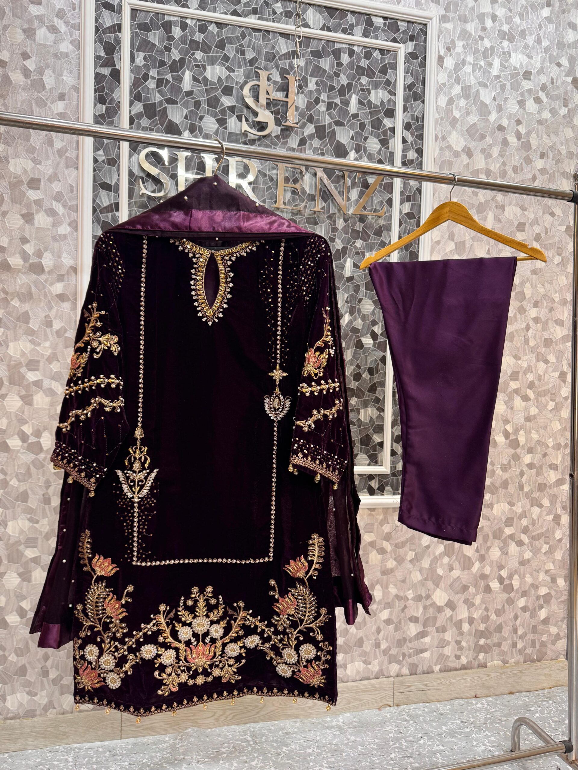 Shrenz 3 Piece Burgundy Stitched Velvet Pret Collection