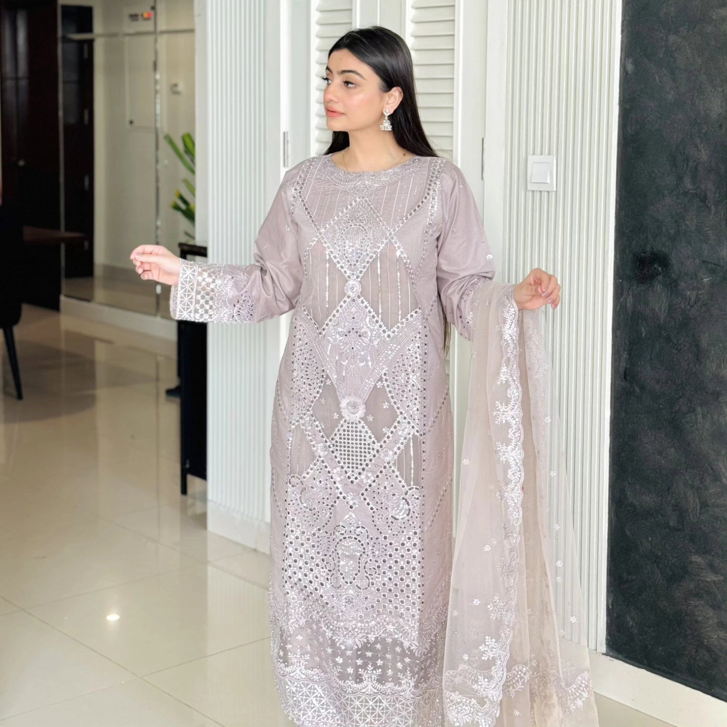 Bin Ilyas Grey Luxury Lawn Collection Replica - Image 6