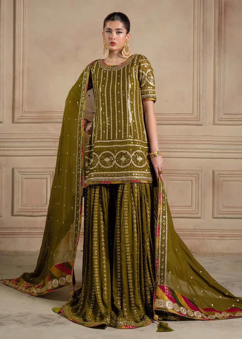 Lajwanti Green Bridal Collection Chiffon Gharara Replica - Image 3