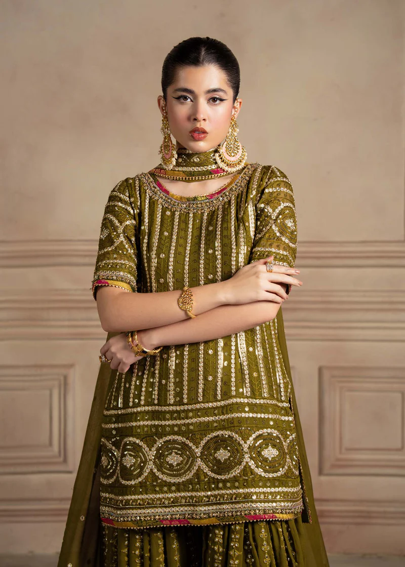 Lajwanti Green Bridal Collection Chiffon Gharara Replica - Image 4
