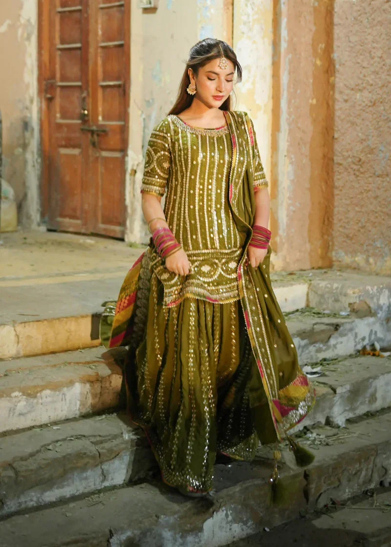 Lajwanti Green Bridal Collection Chiffon Gharara Replica