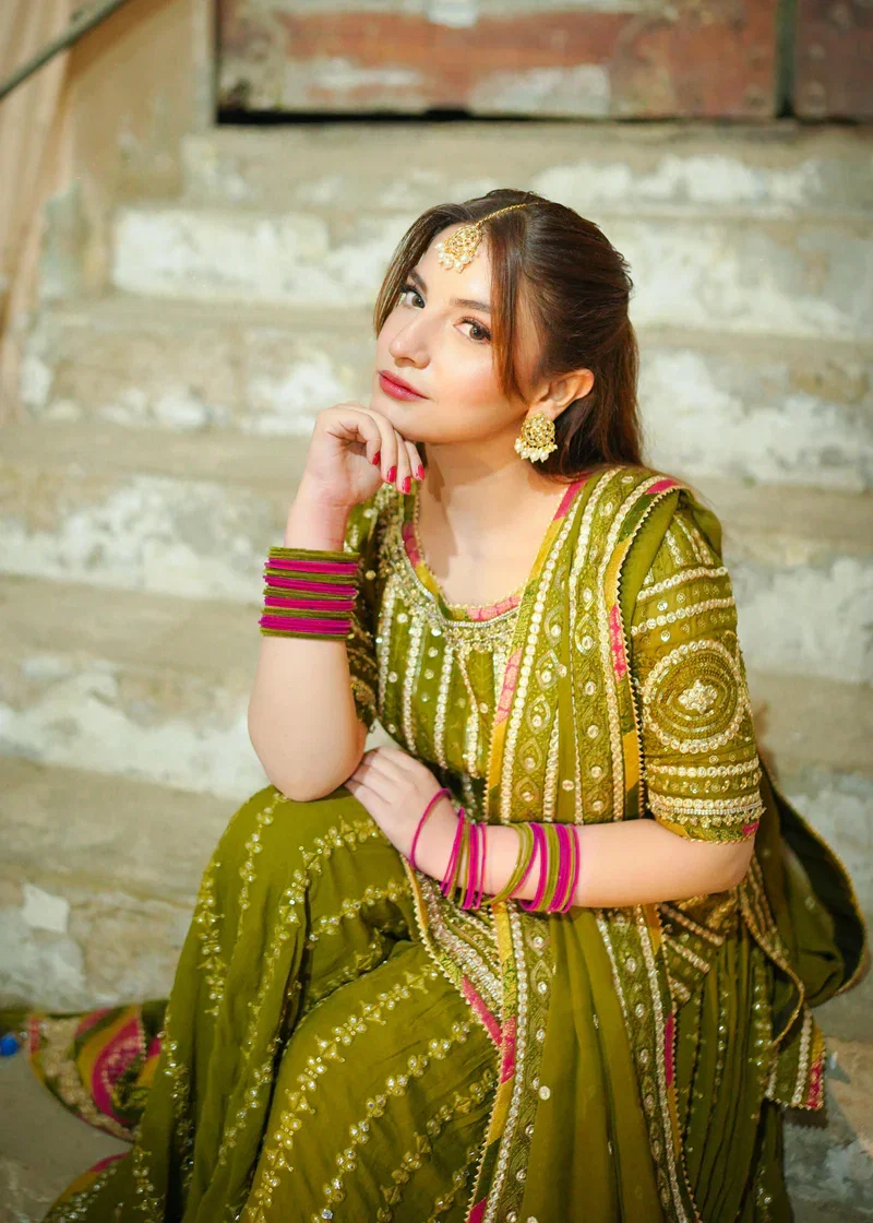 Alternative view of Lajwanti Green Bridal Collection Chiffon Gharara Replica