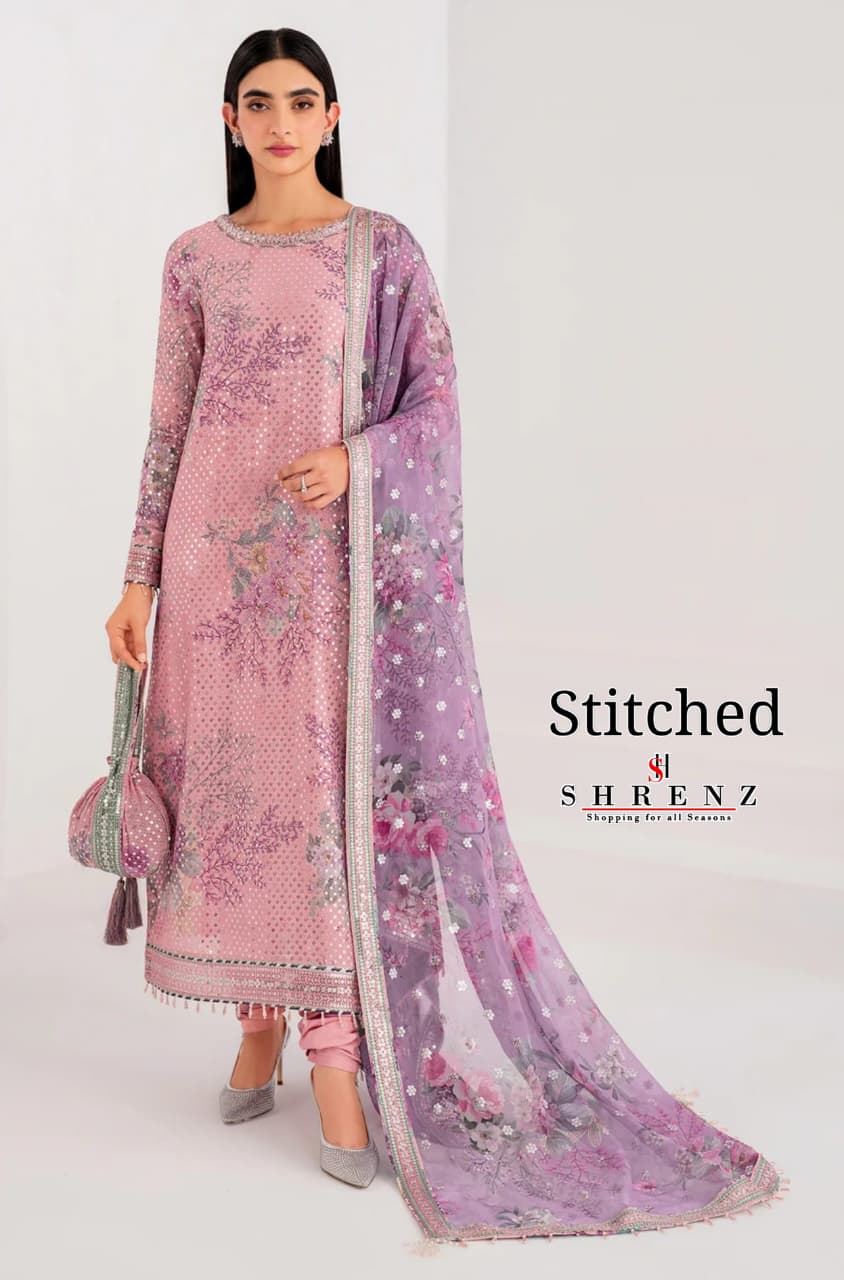 Shrenz 3 Piece Stitched Pink Chiffon Pret Collection