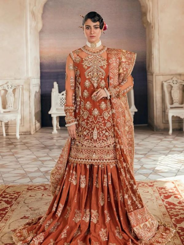 Afrozeh Orange Bridal Collection Net Gharara Replica