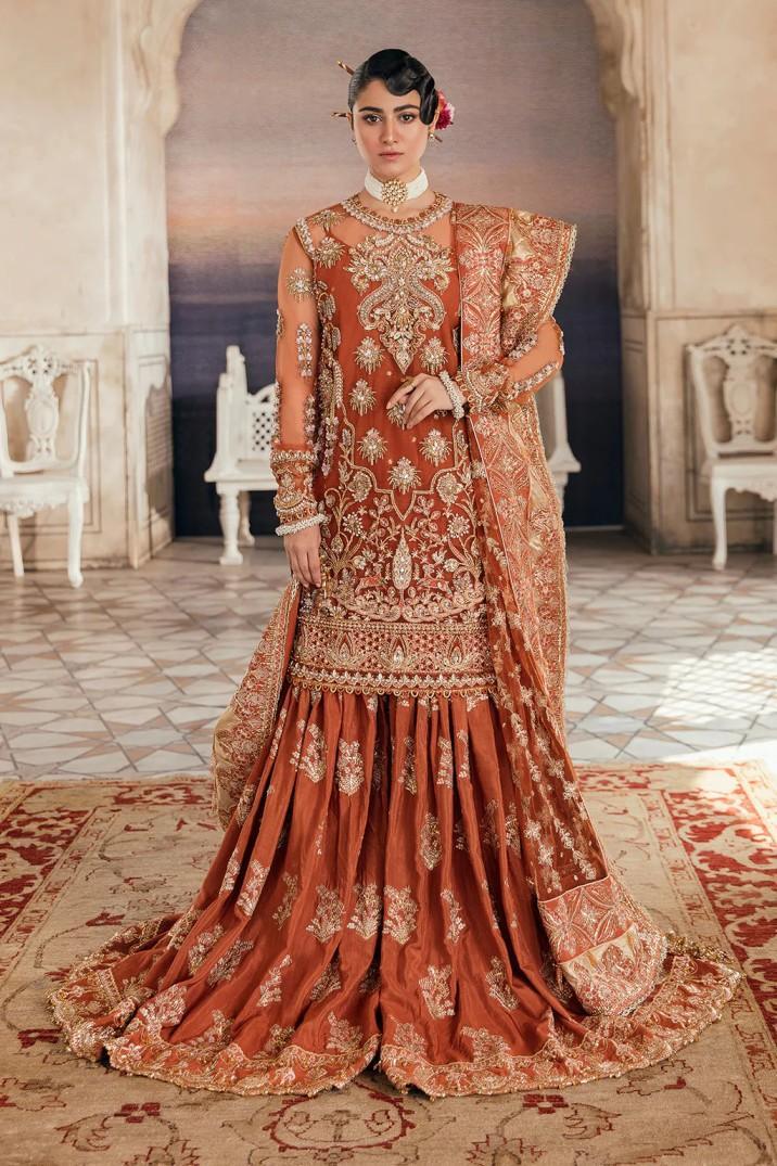 Afrozeh Orange Bridal Collection Net Gharara Replica