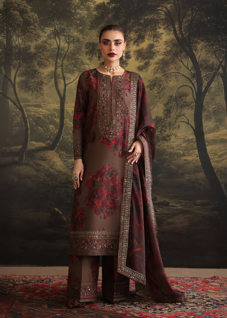 Shrenz Brown Formal Collection Digital Printed Crepe Replica