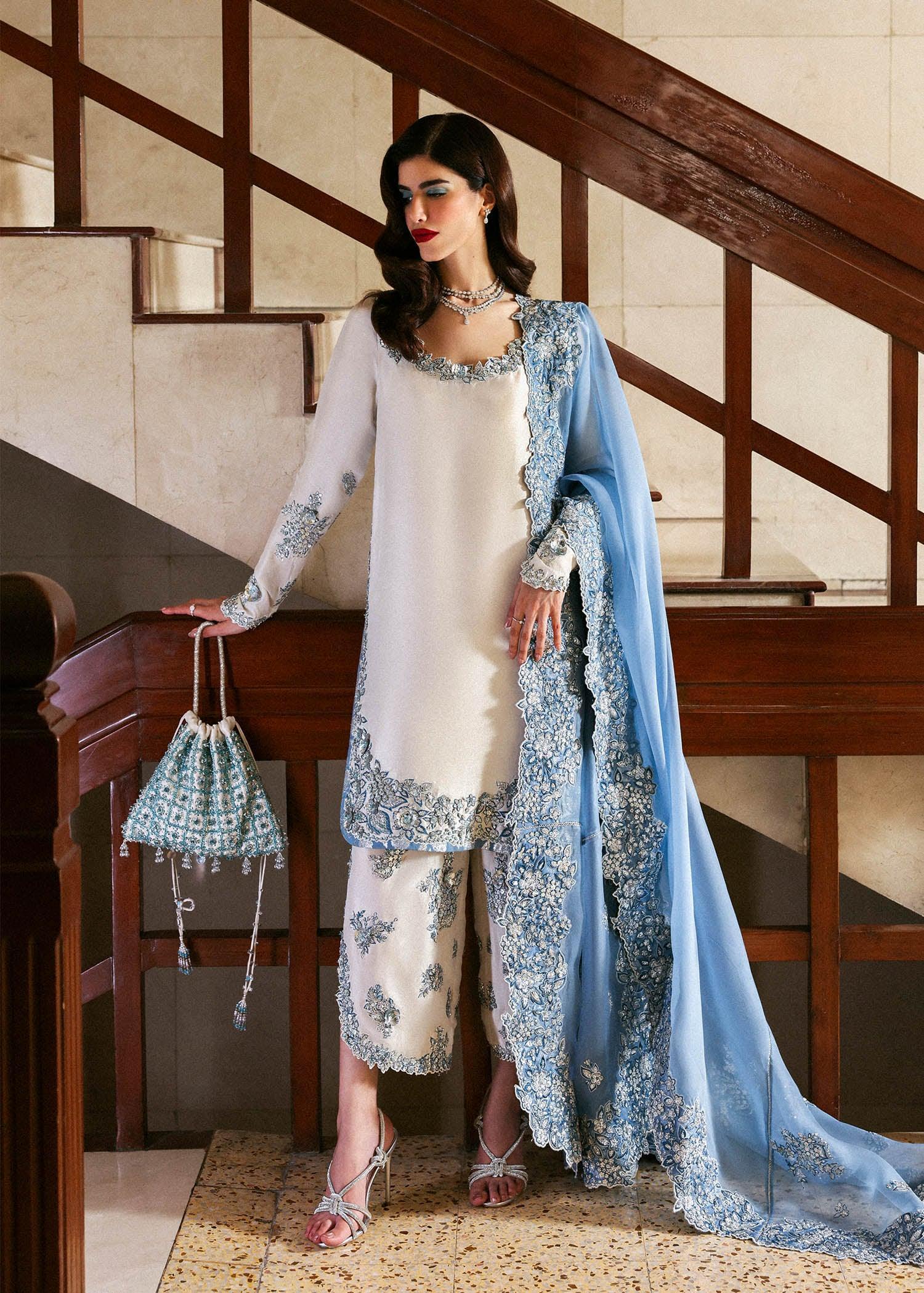 Hussain Rehar White Formal Collection Raw Silk Replica