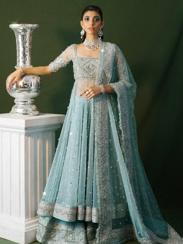 Hussain Rehar Sky Blue Bridal Collection Net Maxi Replica