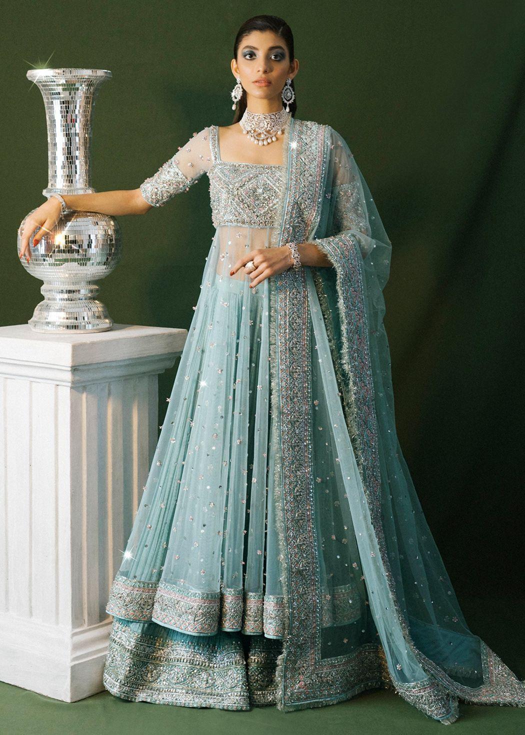 Hussain Rehar Sky Blue Bridal Collection Net Maxi Replica
