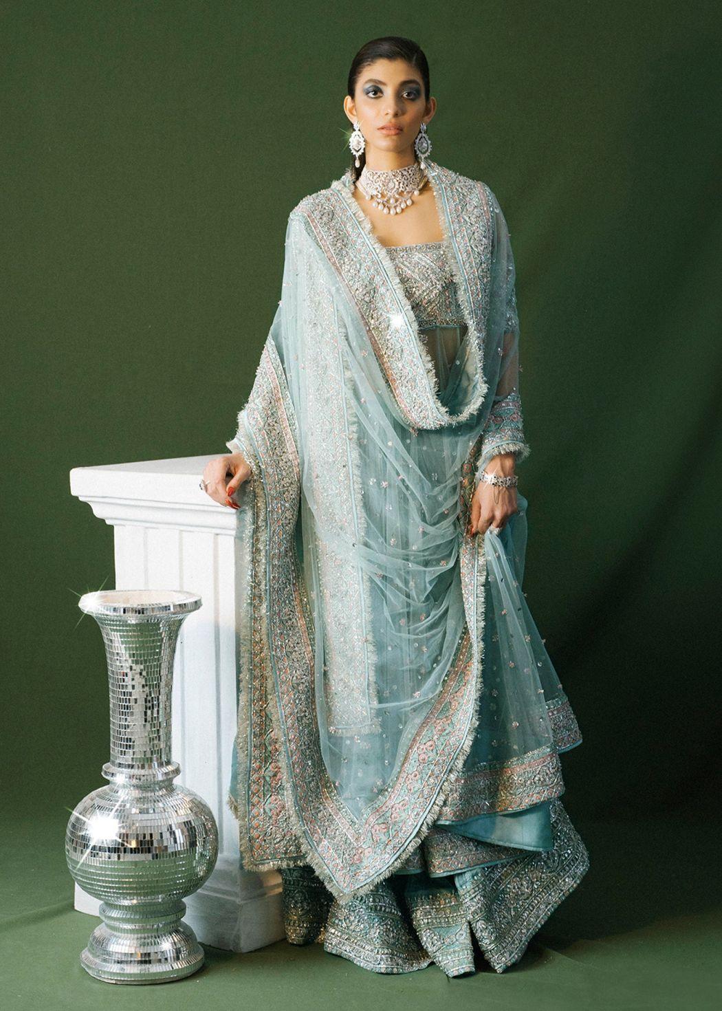 Alternative view of Hussain Rehar Sky Blue Bridal Collection Net Maxi Replica