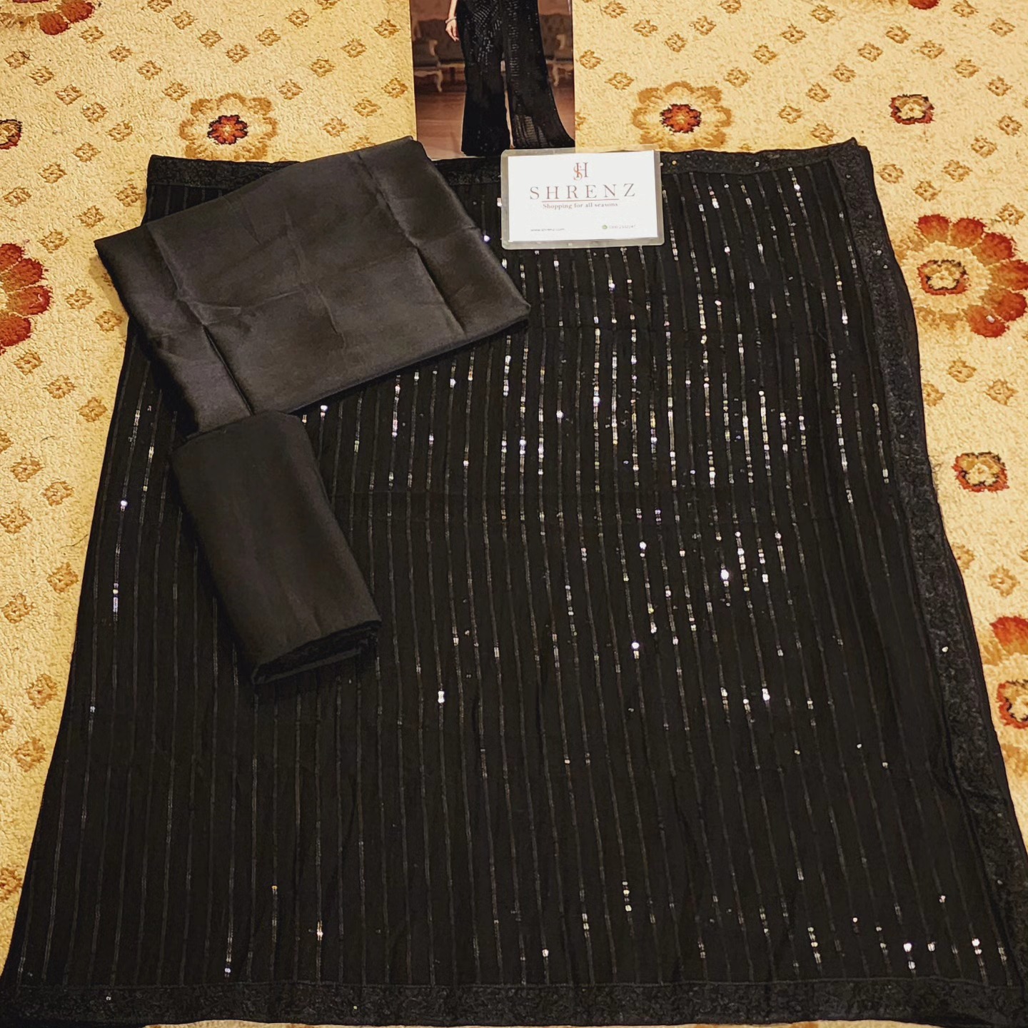Shrenz Jet Black Formal Saree Collection Chiffon Replica - Image 3