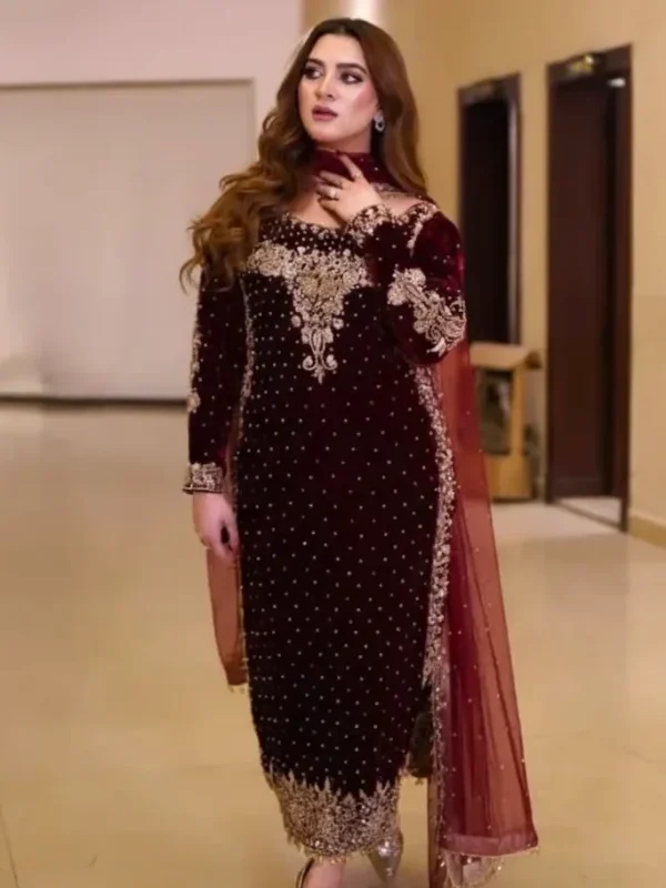 Shrenz Maroon Velvet Collection Replica