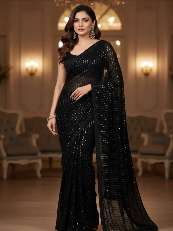 Shrenz Jet Black Formal Saree Collection Chiffon Replica