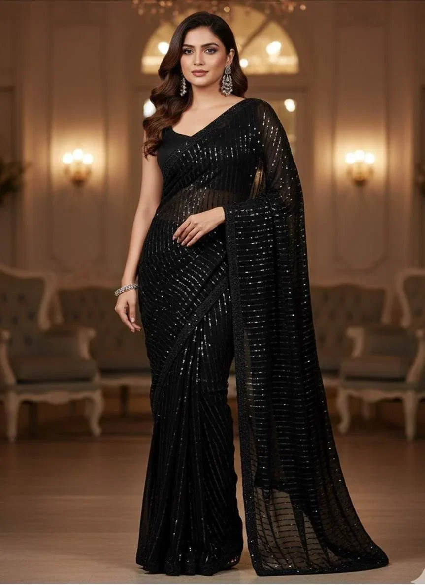 Shrenz Jet Black Formal Saree Collection Chiffon Replica