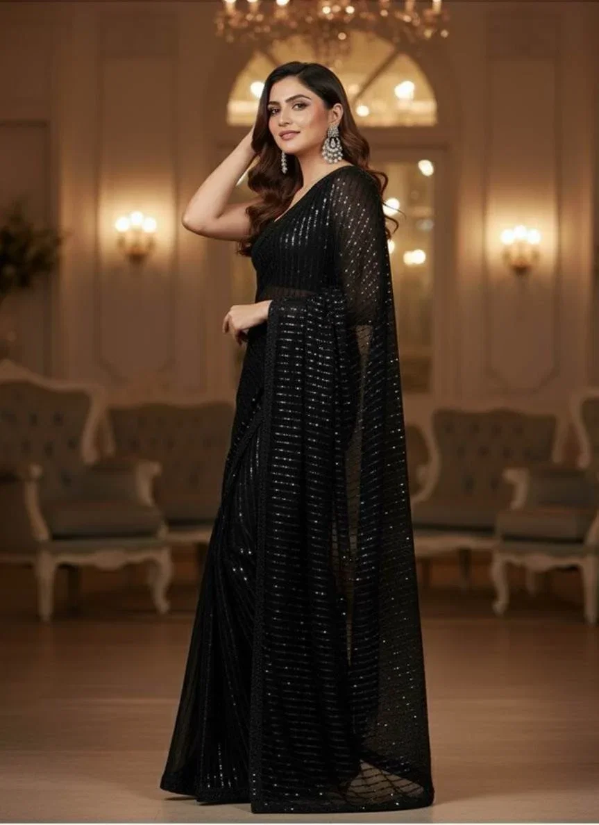 Alternative view of Shrenz Jet Black Formal Saree Collection Chiffon Replica