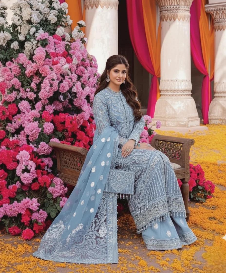 Kanwal Malik Sky Blue Formal Net Collection Replica - Image 2