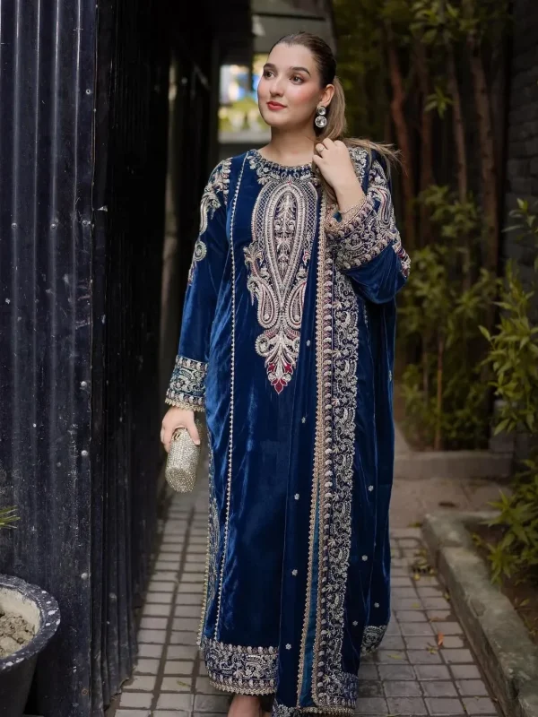 Aneela's Zinc Blue Formal Velvet Collection Replica