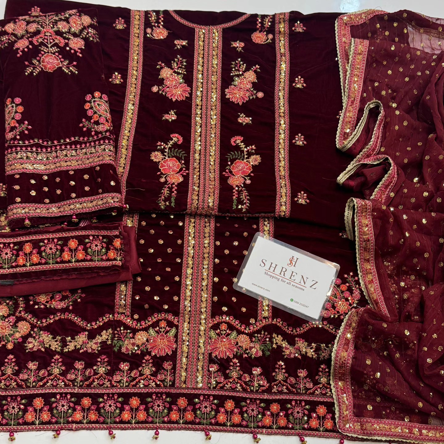 Aneela's Maroon Velvet Collection Replica - Image 3