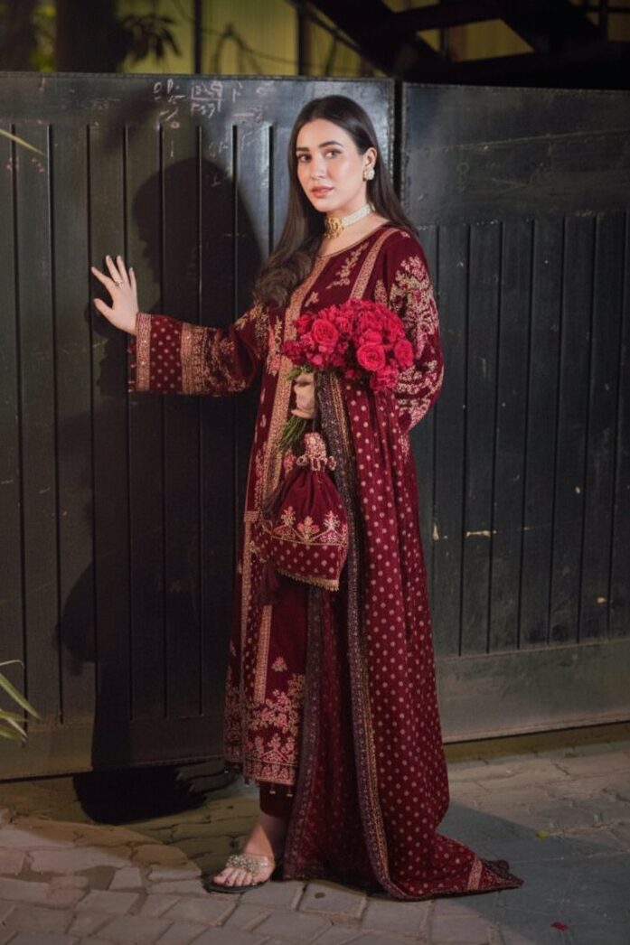 Aneela's Maroon Velvet Collection Replica - Image 2