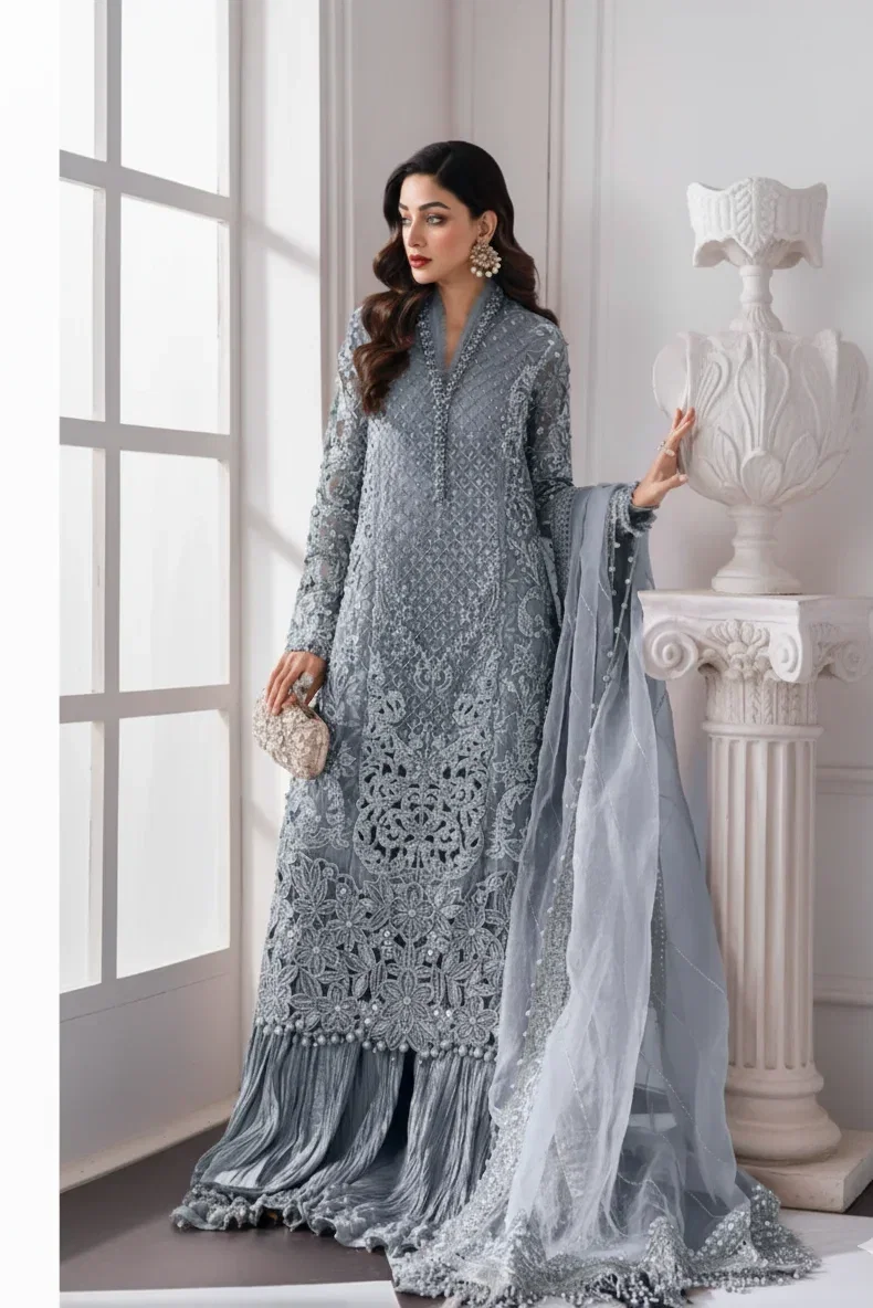 Maria B Silver Formal Gharara Collection Chiffon Replica
