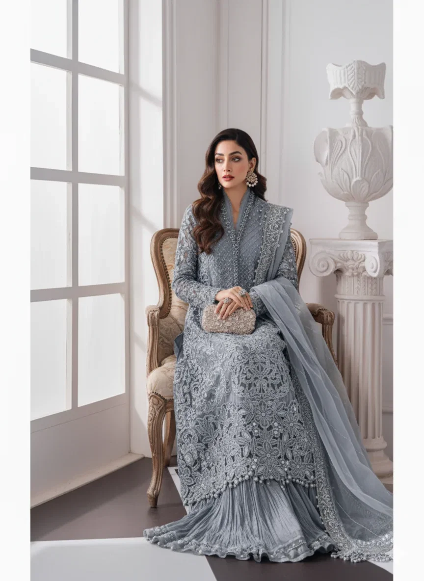 Alternative view of Maria B Silver Formal Gharara Collection Chiffon Replica