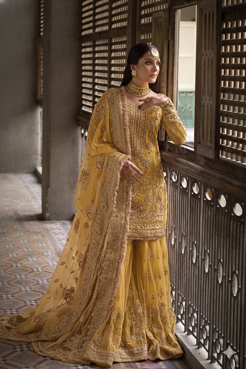 Nameera By Farooq Mustard Gharara Collection Net Replica